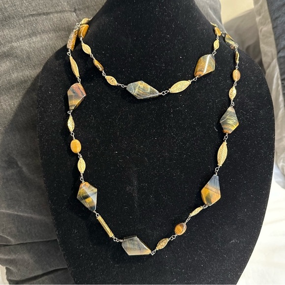 Tiger’s Eye Stone Beaded Statement Gold Tone Necklace - Picture 5 of 10